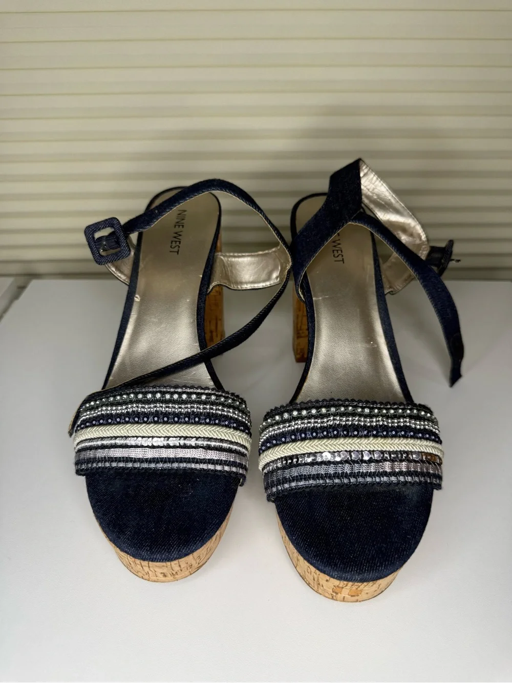 Nine West Navy and Cork Platform Sandals with Beaded Straps